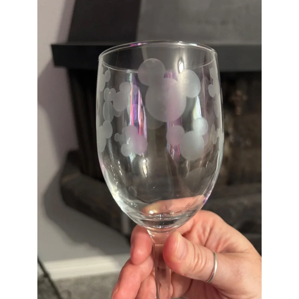 Disney Mickey Mouse Etched Wine Glass Set of 2 Clear Frosted Stemmed Glassware